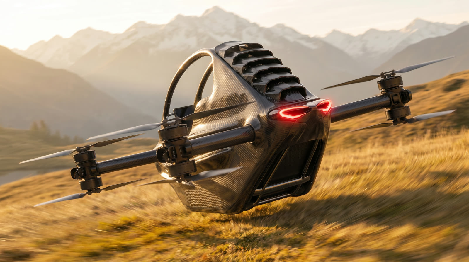 The Fantom X, a single-seat electric VTOL aircraft, in flight over mountain terrain