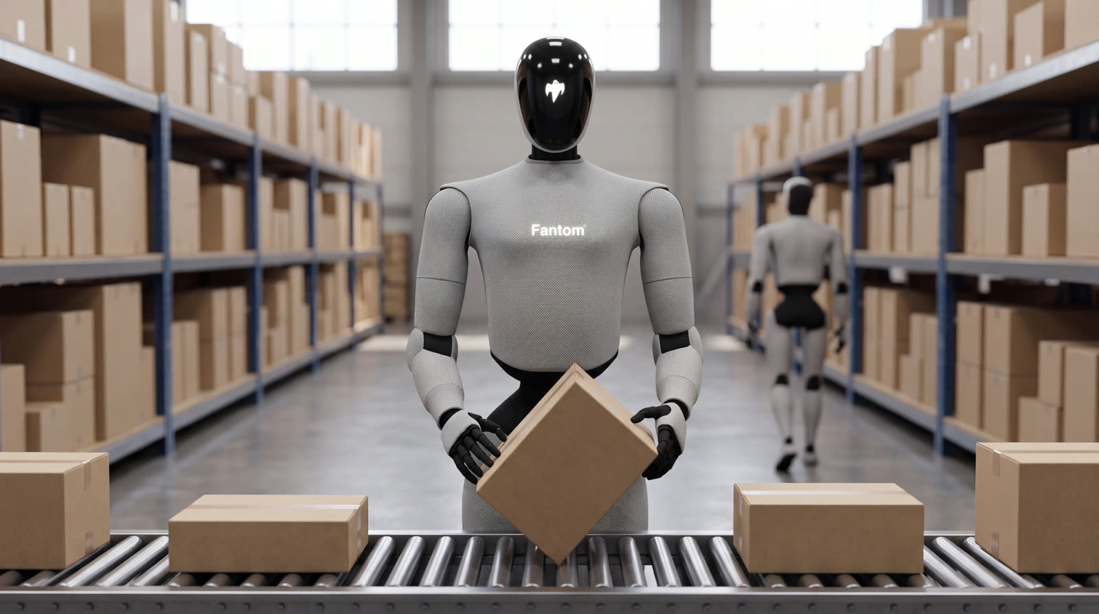 UNIT 01, the Fantom humanoid robot, handling a package on a warehouse conveyor