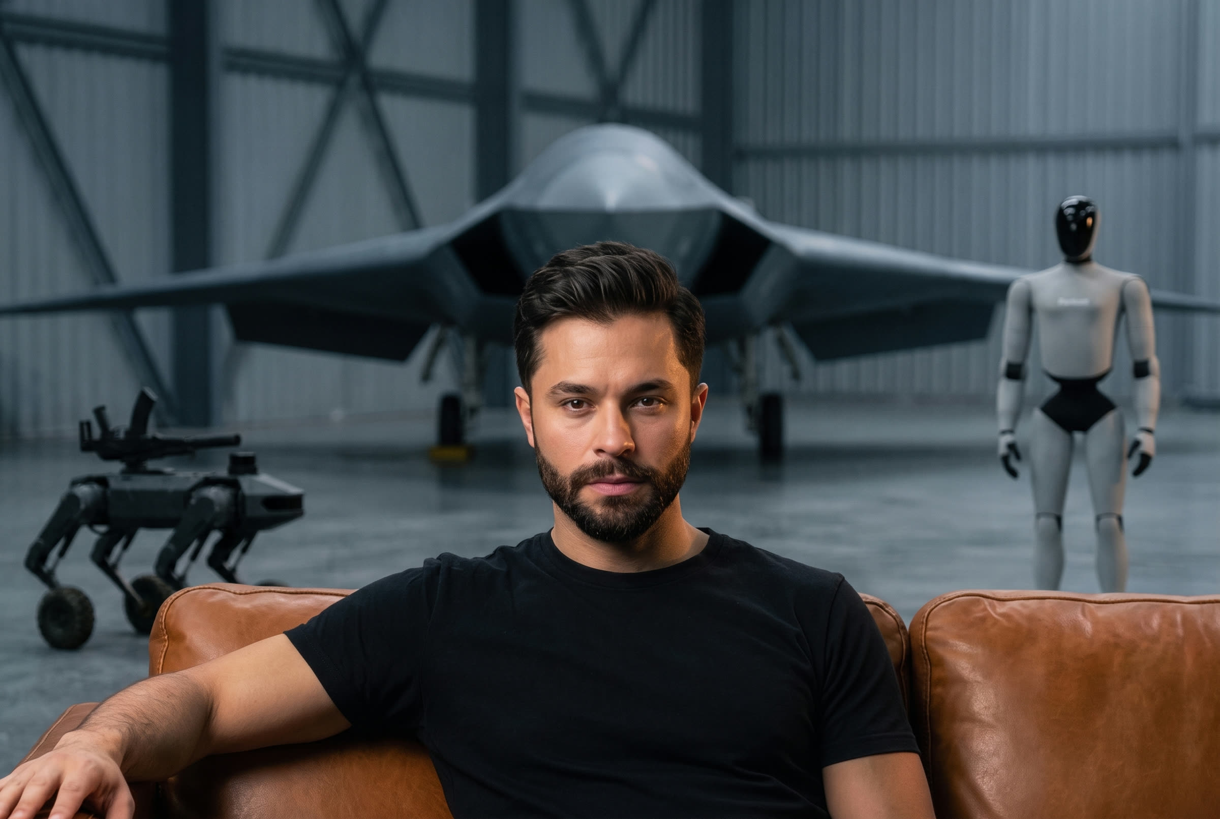 Graham Kramer seated in a Fantom hangar with the WRAITH uncrewed combat aircraft, the GRIM ground robot and the UNIT 01 humanoid behind him